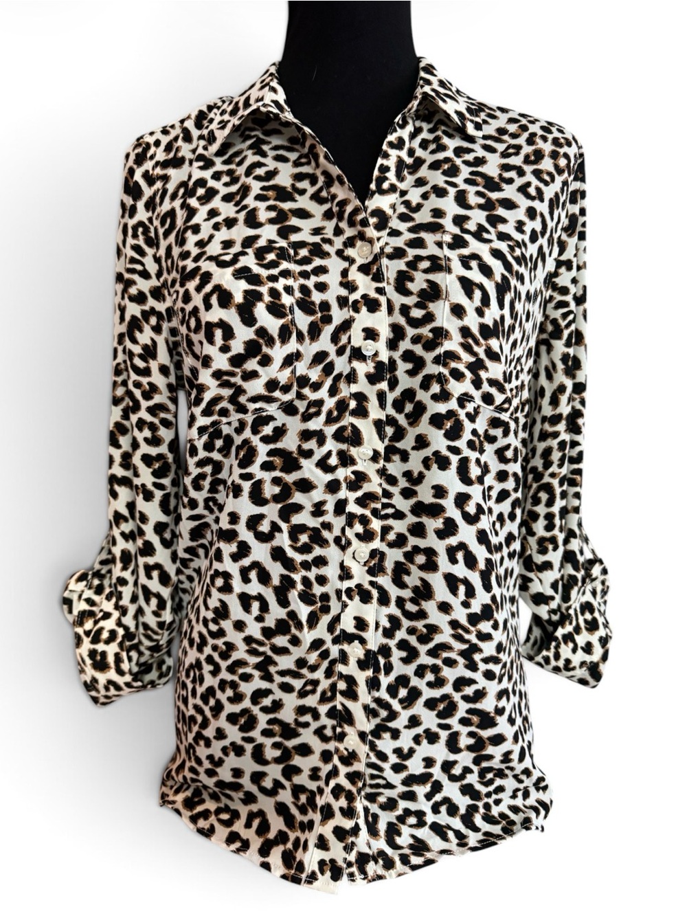 Talbots Leopard Print Button-Down Blouse - Cream and Brown Size L